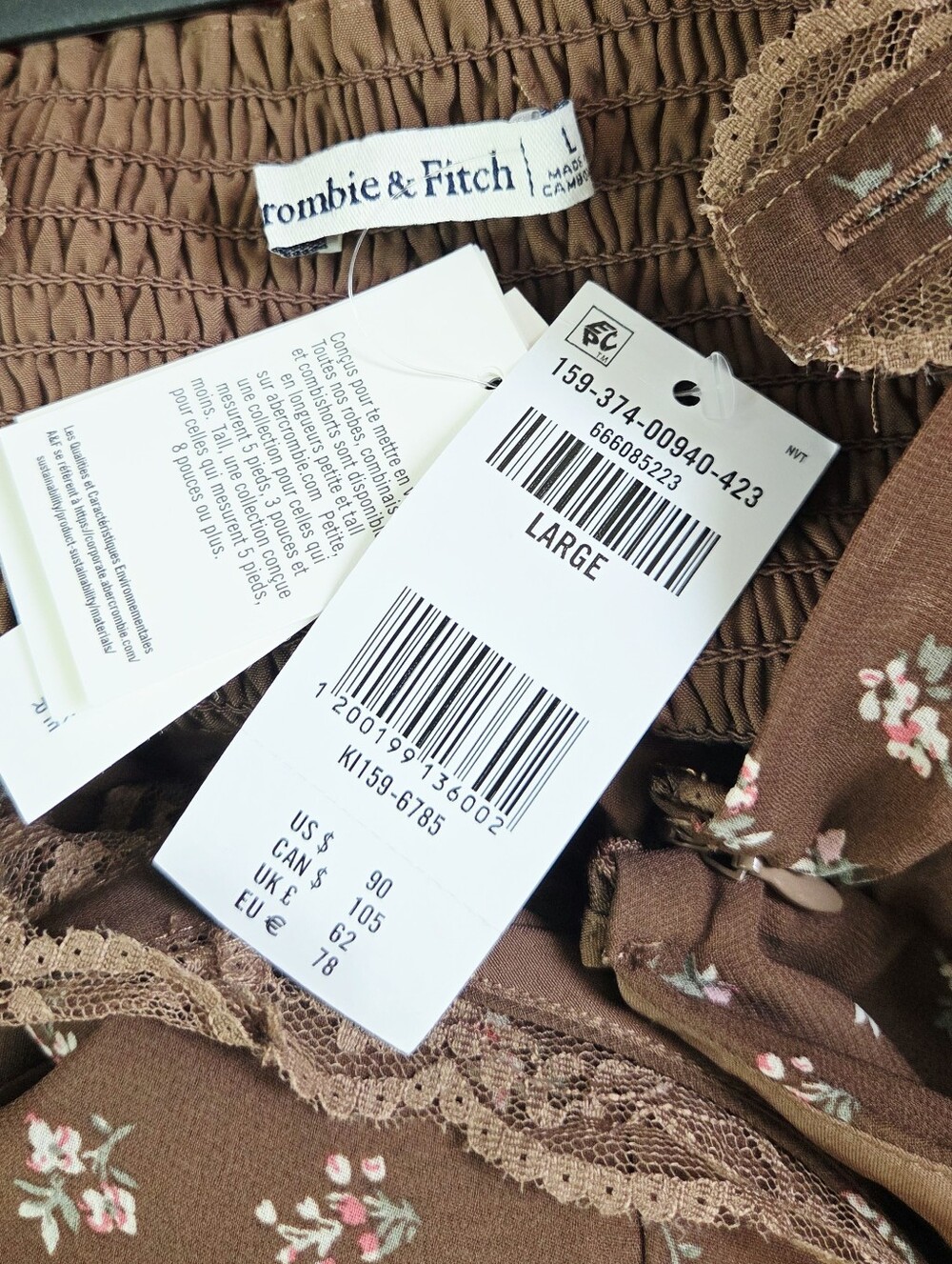Abercrombie & Fitch Lace-Trim Button-Front Mini Dress Brown Size Large Romantic - Picture 8 of 8